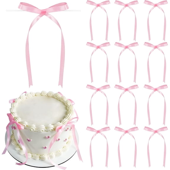 AUR 50pcs Pink Satin Ribbon Bows Twist Tie Bows Decor for Cake Balloons Crafts Glass Gift Wrapping Coquette Birthday Baby Shower Bachelorette Party (Pink)
