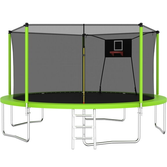 14FT Trampoline with Enclosure for Kids and Adults, SEGMART Upgraded Kids Recreational Outdoor Trampoline with Basketball Hoop, Ladder, Heavy Duty Round Backyard Trampoline for Indoor Outdoor