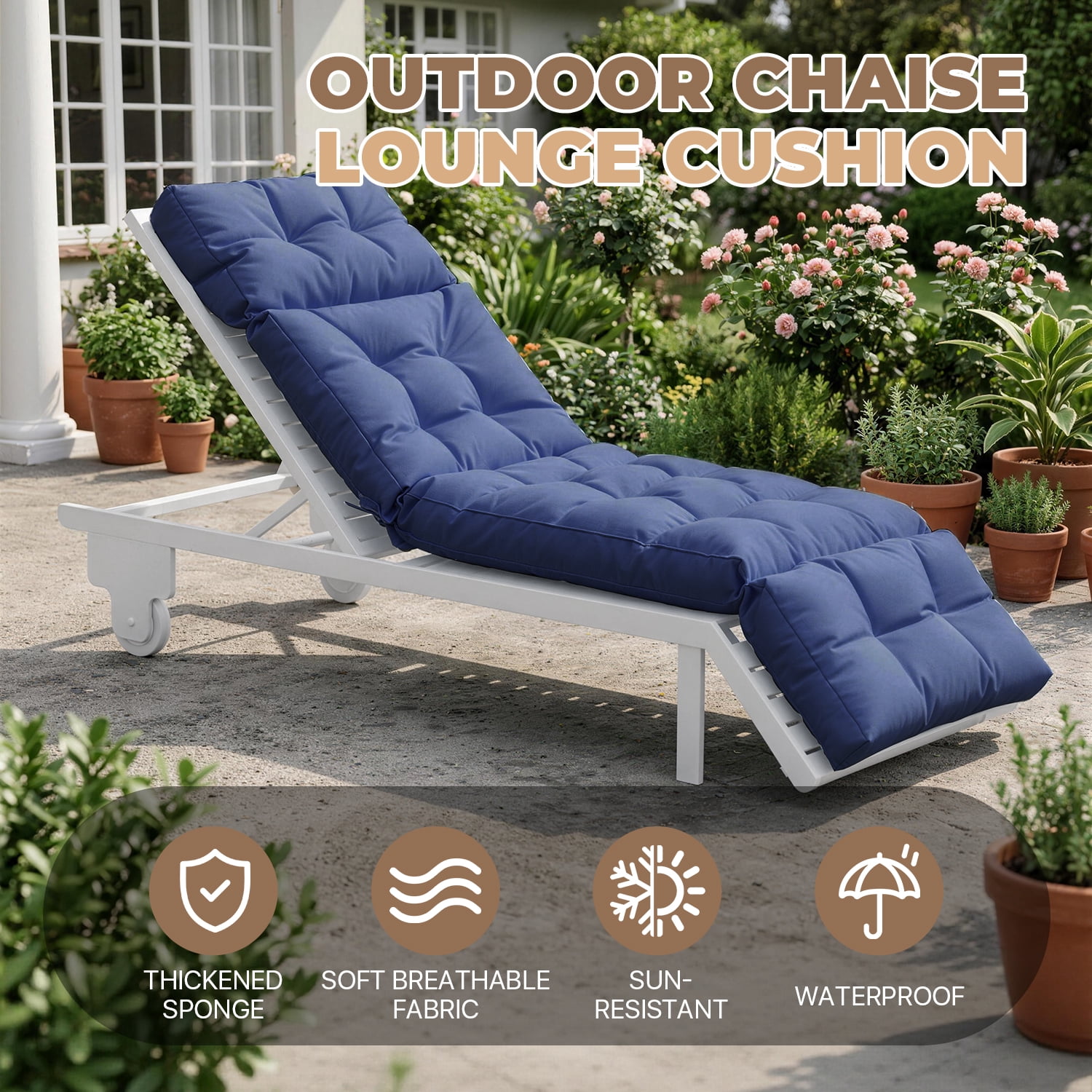 BaPiPro All-Weather Outdoor Chaise Lounge Cushion, Secure-Tie Patio Recliner Cushion with Plush PP Cotton Support for Patio, Poolside & Balcony, Navy Blue