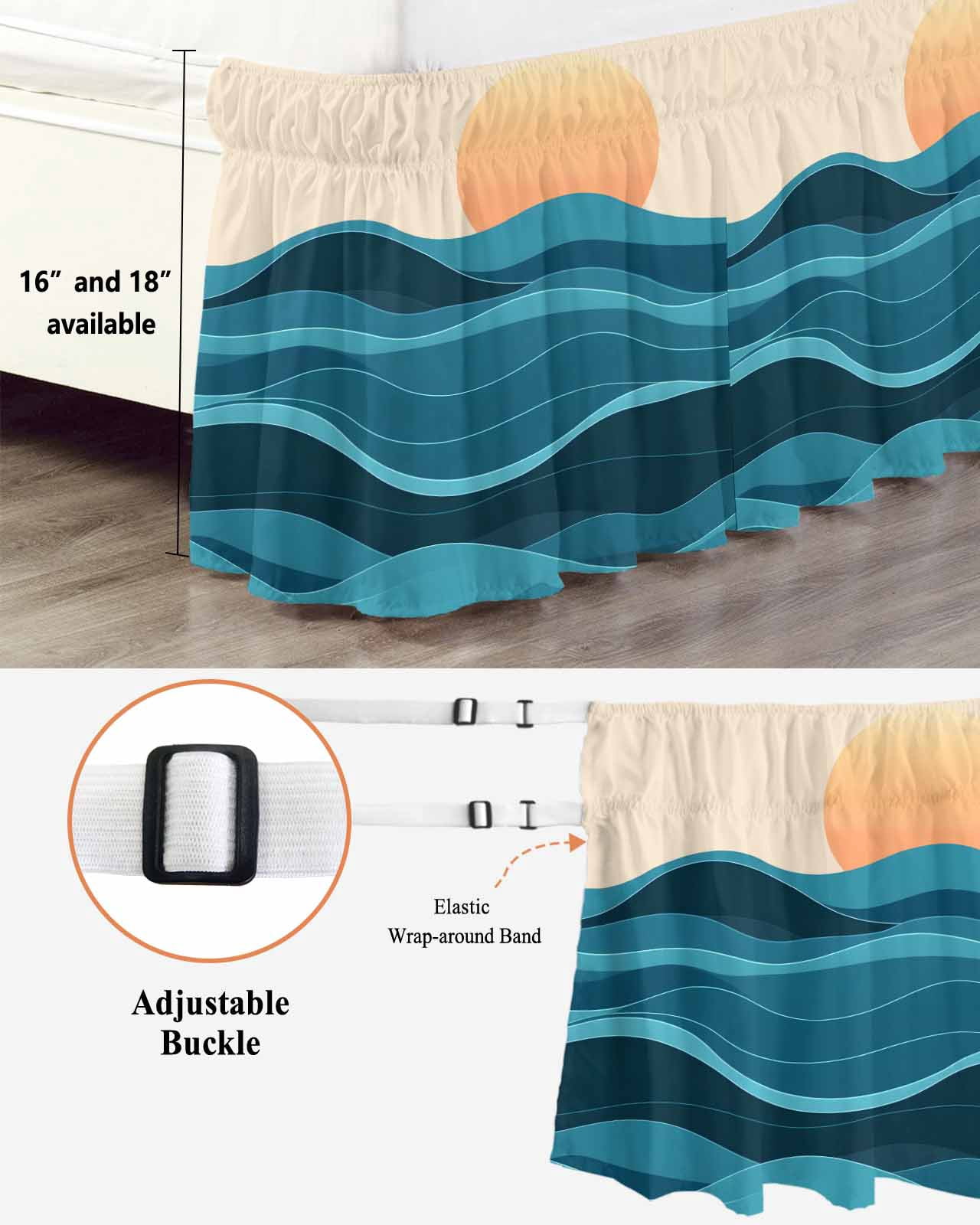 Teal Waves Wrap Around Bed Skirts for Queen Bed 18" Drop, Bed Skirt with Adjustable Elastic Belt Dust Ruffle Bed Valance for Bedroom Hotel Luxury Watercolor Sun Turquoise Ombre Bed Frame Cover