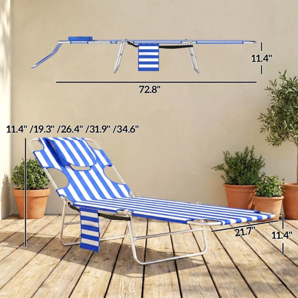 Outdoor Folding Sun Lounger 5-Position Adjustable Backrest Face Cavity & Arm Slots with Side Pocket Carry Strap Breathable Oxford Fabric Lounge Chair for Beach Pool Patio