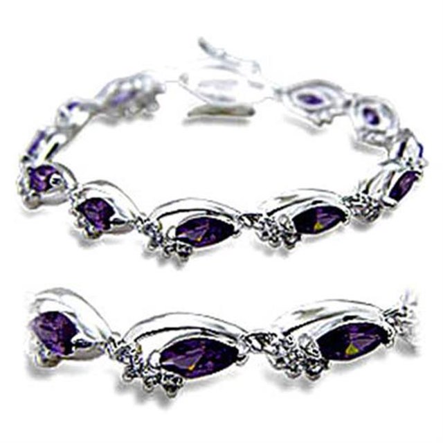 Women Rhodium Brass Bracelet with AAA Grade CZ in Amethyst - 7 in.