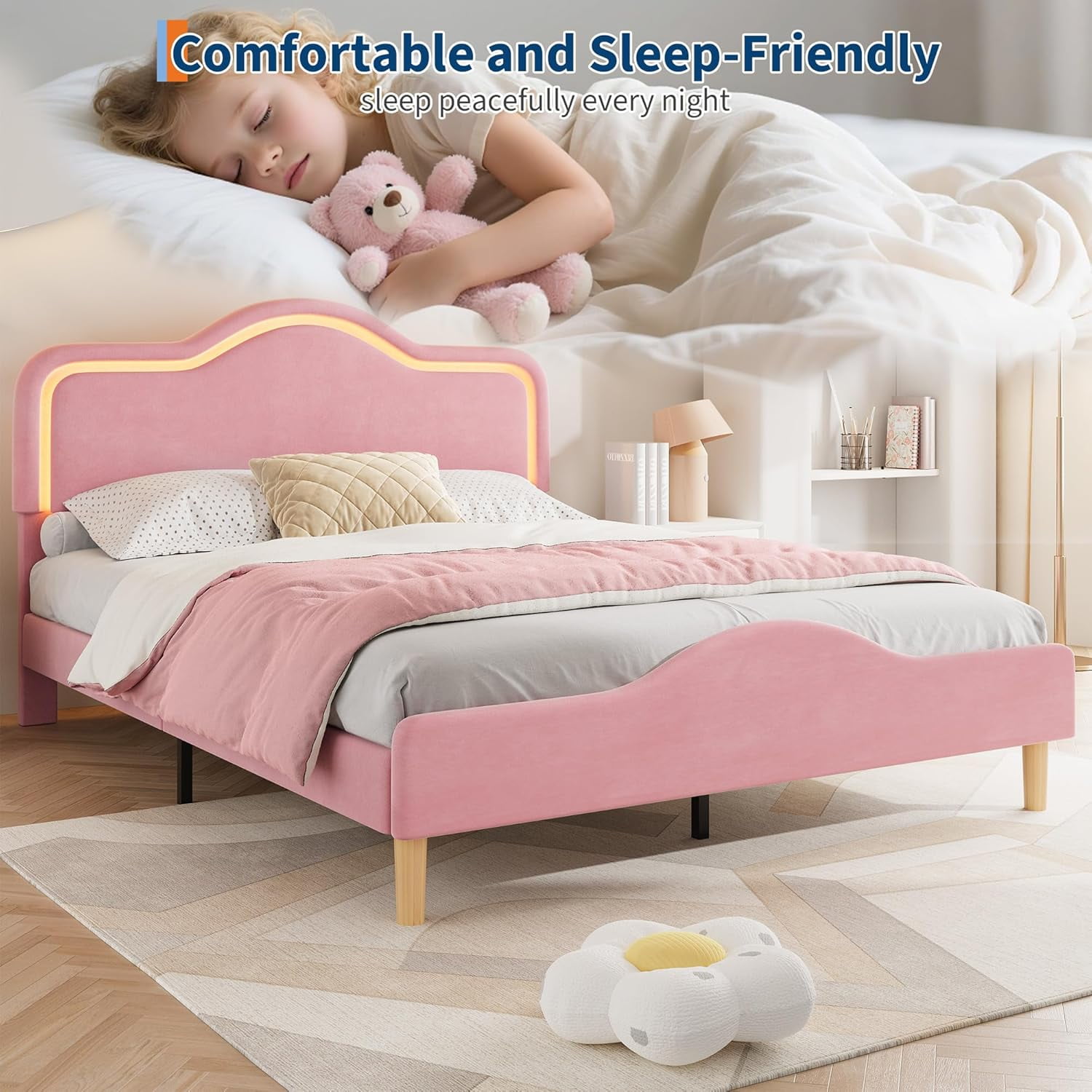 Full Size Upholstered LED Bed Frame with Adjustable Headboard and Footboard, Velvet Princess Platform Bedframe /, Wooden Slats Support, No Box Spring Needed, Easy Assembly, Pink