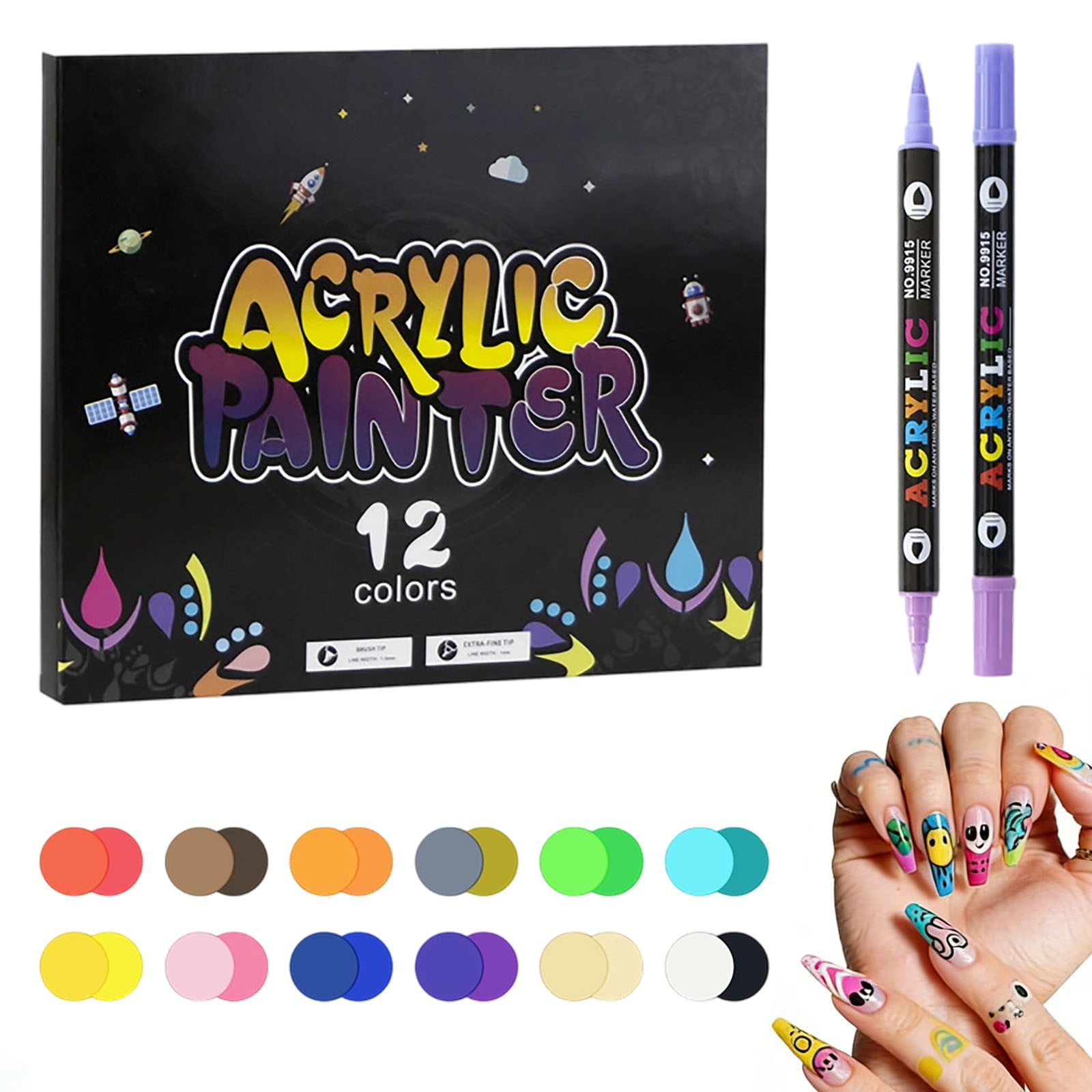 12/24/36 Colors Nail Art Markers Set, Nail Art Pens Point Nail Graffiti Dotting Pen Quick-Drying Waterproof Double Headed Acrylic Paint Pens Set for DIY Nails Art Design