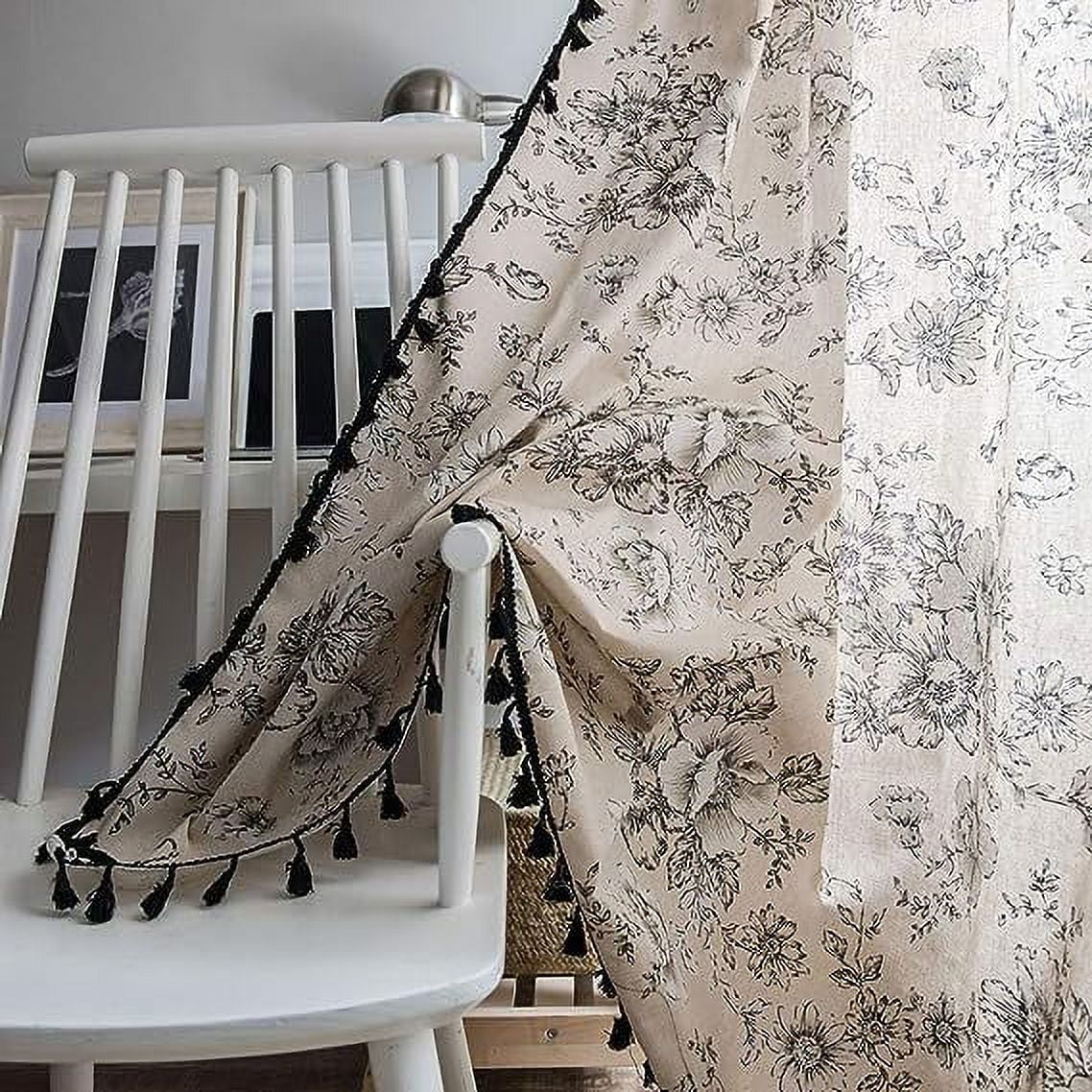 XmhyTop Vintage Floral Print Cotton Linen Window Curtain Panel with Tassels Boho Farmhouse Room Darkening Curtain Panel for Bedroom Living Room, 1 Piece ,59"x102",Flower