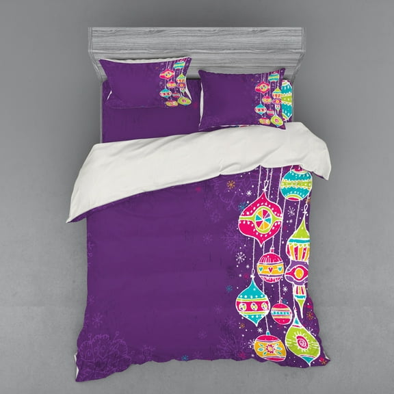 Ambesonne Christmas Bedding Set 4 Pcs, Doodle Balls, Queen, Multicolor