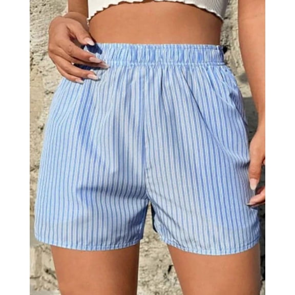 JUSLIO Women's Shorts,Striped Elastic Waist with Pockets High Waist Mid-Length Shorts,Summer,Blue,Size L