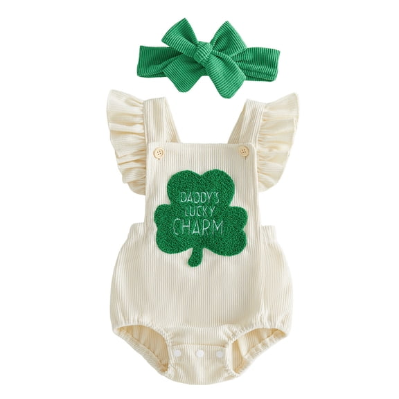 Baby Girl St Patricks Day Outfit Clover Flying Sleeve Stripes Ruffle Romper Jumpsuit Summer Clothes