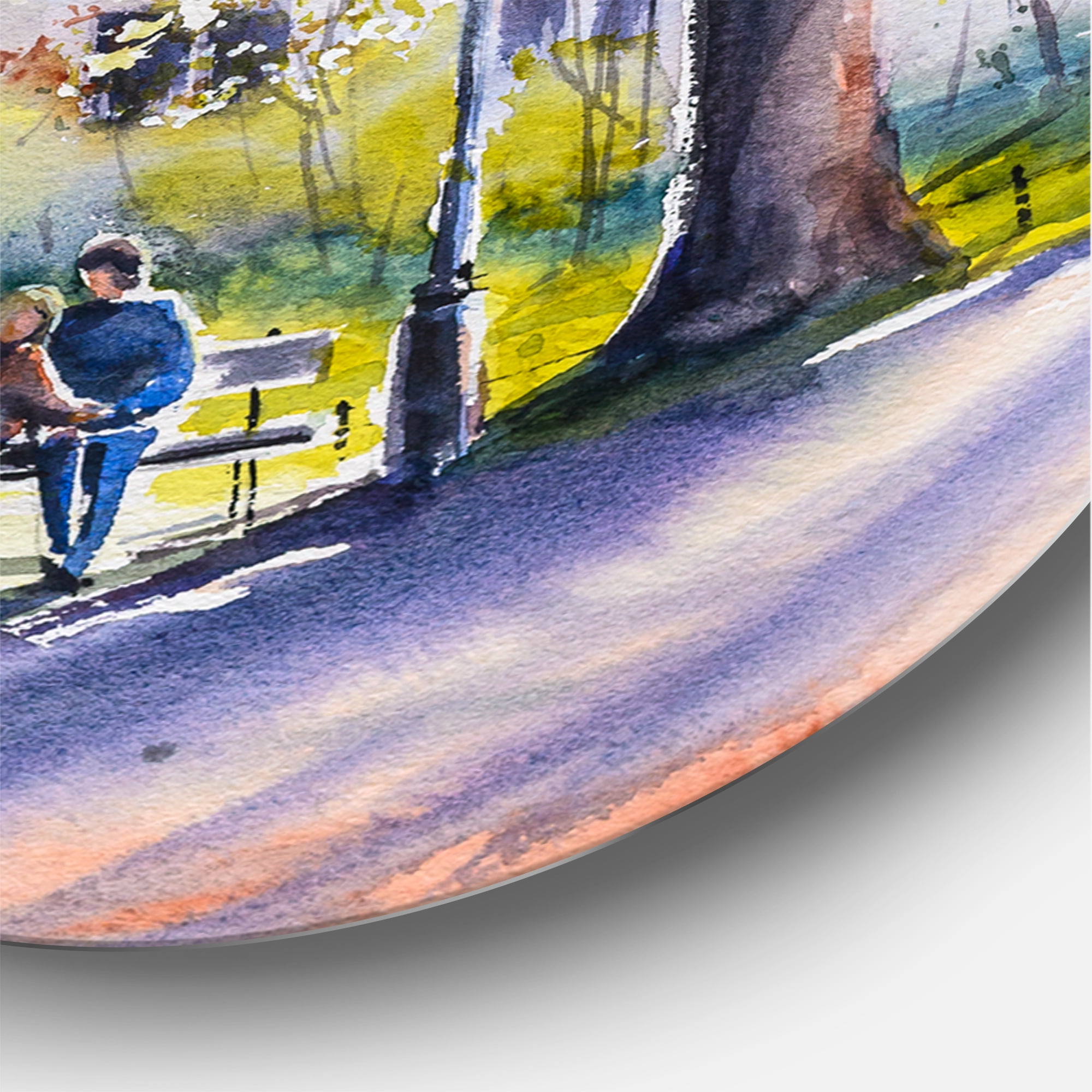 Designart 'Castel Through The Trees of The Park With Couple Sitting on Bench' Country Circle Metal Wall Art 11x11 - Disc of 11