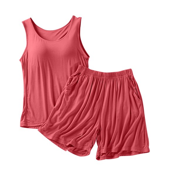 Besolor Womens Plus Size Pajama Set with Built in Bra Casual Sleeveless Tank Top and Shorts Set Sleepwear Pjs(X-Large,Red)
