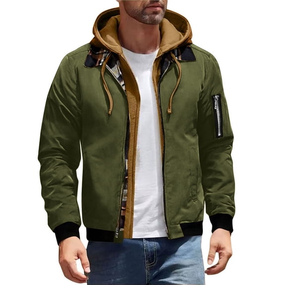 Rutainlusire Mens Trendy Warm Quilted Bomber Jackets Men's Workwear Style Hooded Jacket Fake Two-piece Spliced Plaid Interior With Multiple Pockets For Warmth And Casual Flight Jacket