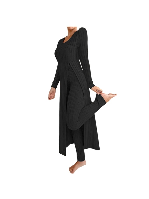 Knit Sets Two Piece Women Side Split Long Dress with Leggings Comfy Casual Crewneck Ribbed Pj Set Fall Winter Clothes