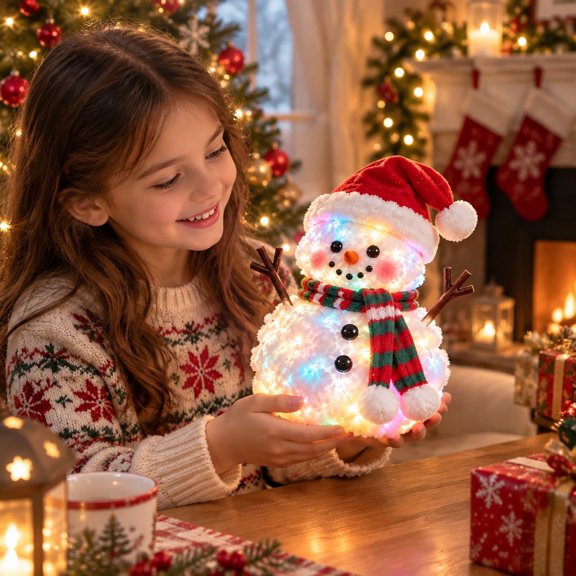 Glowing Snowman Plush, White with Red and Green Accents, Delightful Tabletop Christmas Decor Christmas Indoor Decor for Mantel Displays, Snowman Ornaments Multicolor