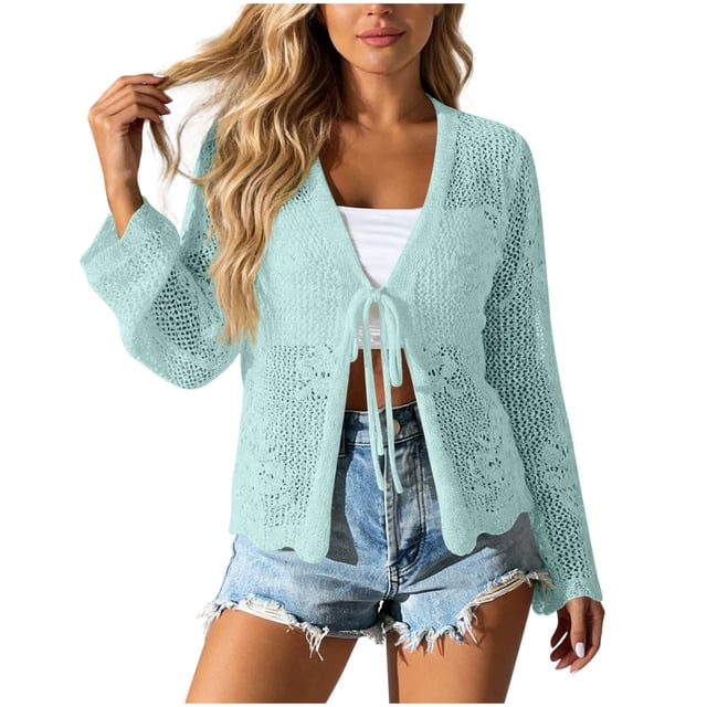 Mujeres de la Moda de la Playa Casual Color Sólido Hueco de Verano de Punto Cardigan Humo para la Primavera Y el Verano
