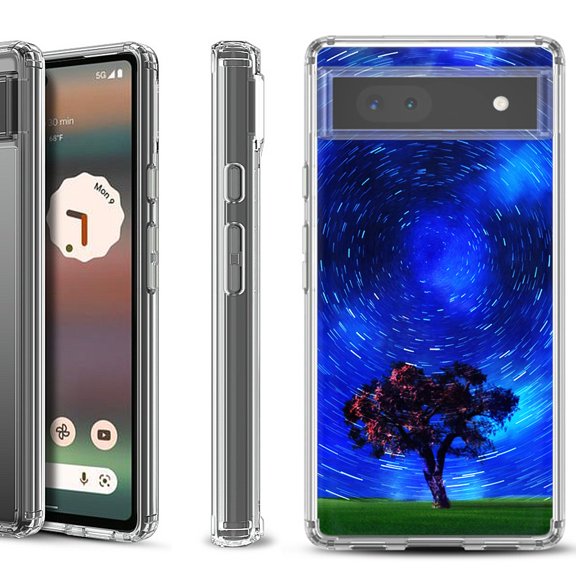 Shockproof Bumper Phone Case for Google Pixel 6a, by OneToughShield ® - Star Trails Tree