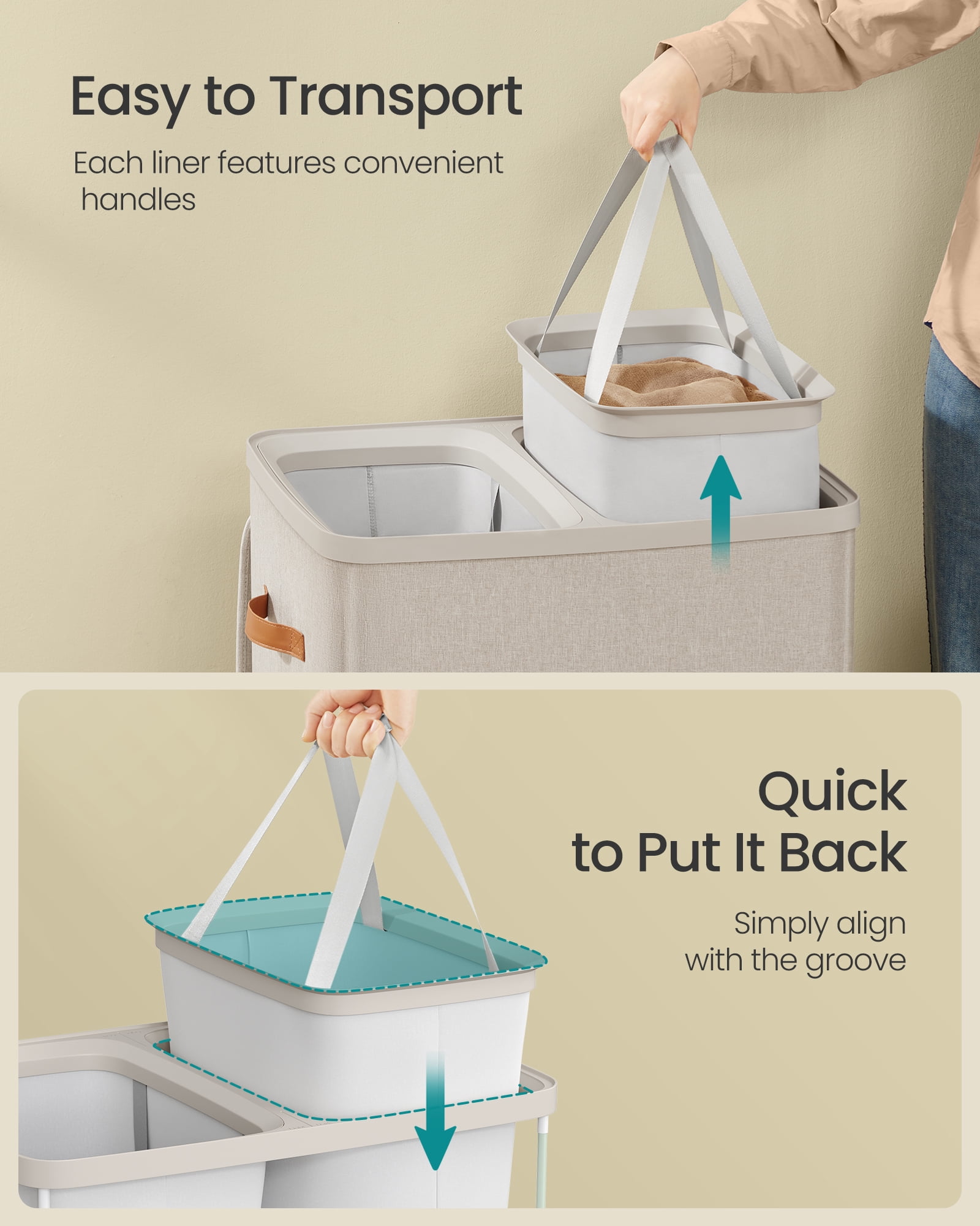 44.9 Gal Large Laundry Hamper with Lid, 2 Compartment Dirty Clothes Basket, Removable Inner Bags & Handles, 22x15.7x29.5 Inches, Cappuccino Beige