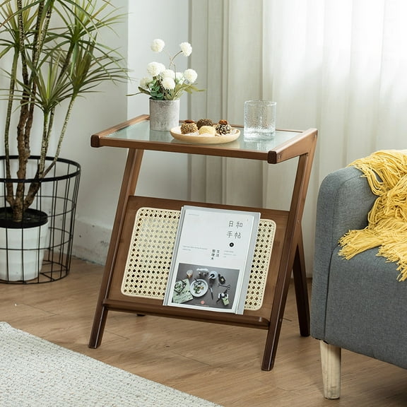 Boho Style Rattan Nightstand with Bamboo Frame, Bedside Table with Storage Drawer and Glass Top, Accent Side Table for Small Spaces, Brown Finish