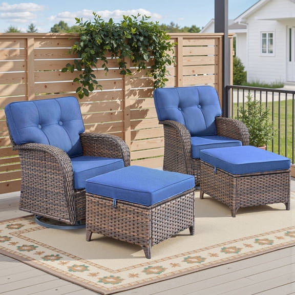 Gymojoy 4-Piece Outdoor Wicker Swivel Glider Chair Set, Patio Rocking Lounge Chair Set with Matching Ottomans, Patio Bistro Set with 5 in. Thick Olefin Cushion for Porch