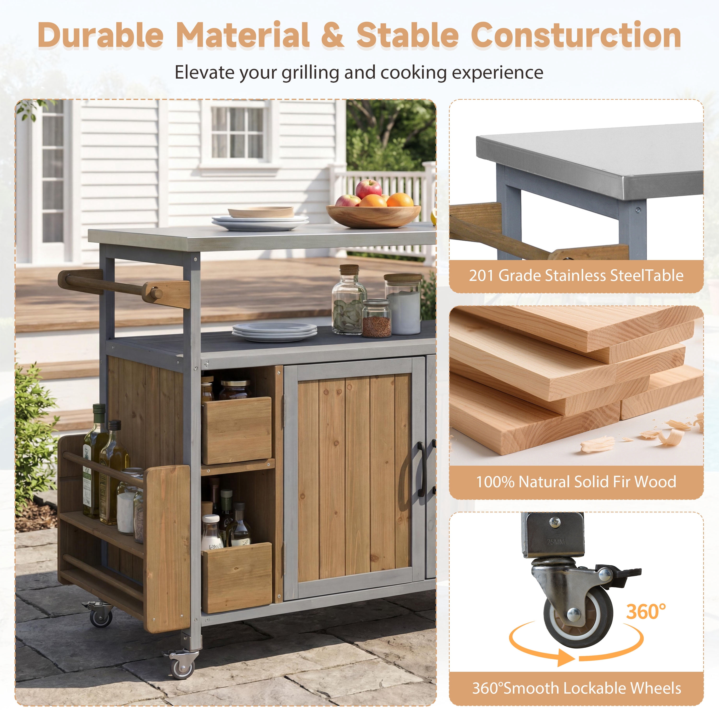 Rolling Kitchen Cart, 54.33 Inch Farmhouse Outdoor Serving Cart for Patio Backyard BBQ, Black
