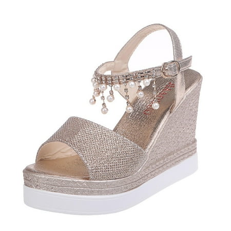 

Women s Sparkle Platform Wedge Sandals Sequin Pearls Fringe Party Wedding Shoes Summer Peep Toe Ankle Strap Dress Pumps