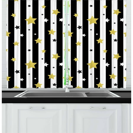 Stars Strips Gold and White Curtains 2 Panels Set, Christmas Birthday Party Themed Stars on Stripes Lines Backdrop, Window Drapes for Living Room Bedroom, 55W X 39L Inches, Black White and Yellow, by Ambesonne ()