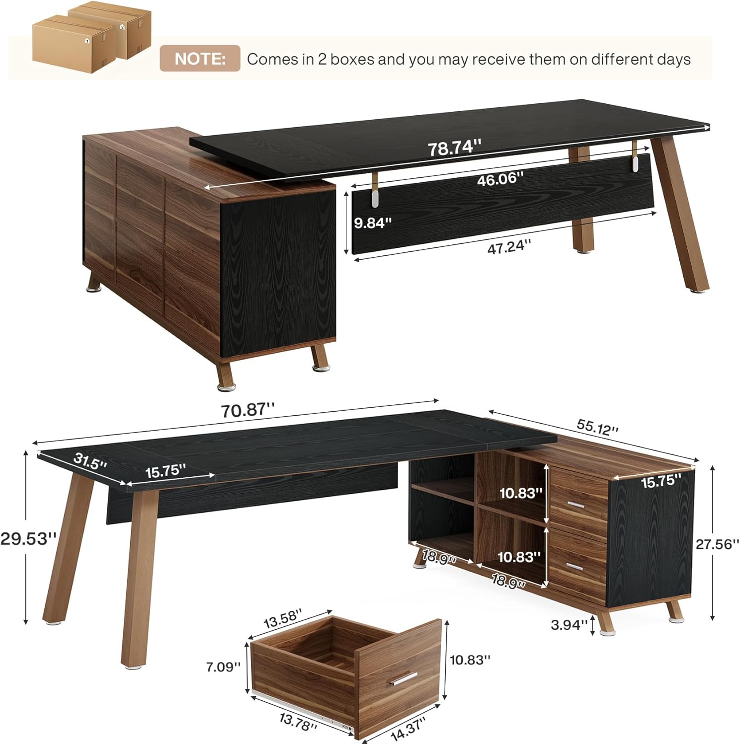 Tribesigns Large L-Shaped Desk, Modern Executive Office Desk with Drawers, 78.7 Inch Computer Desk with Cabinet for Home Office,Black & Walnut