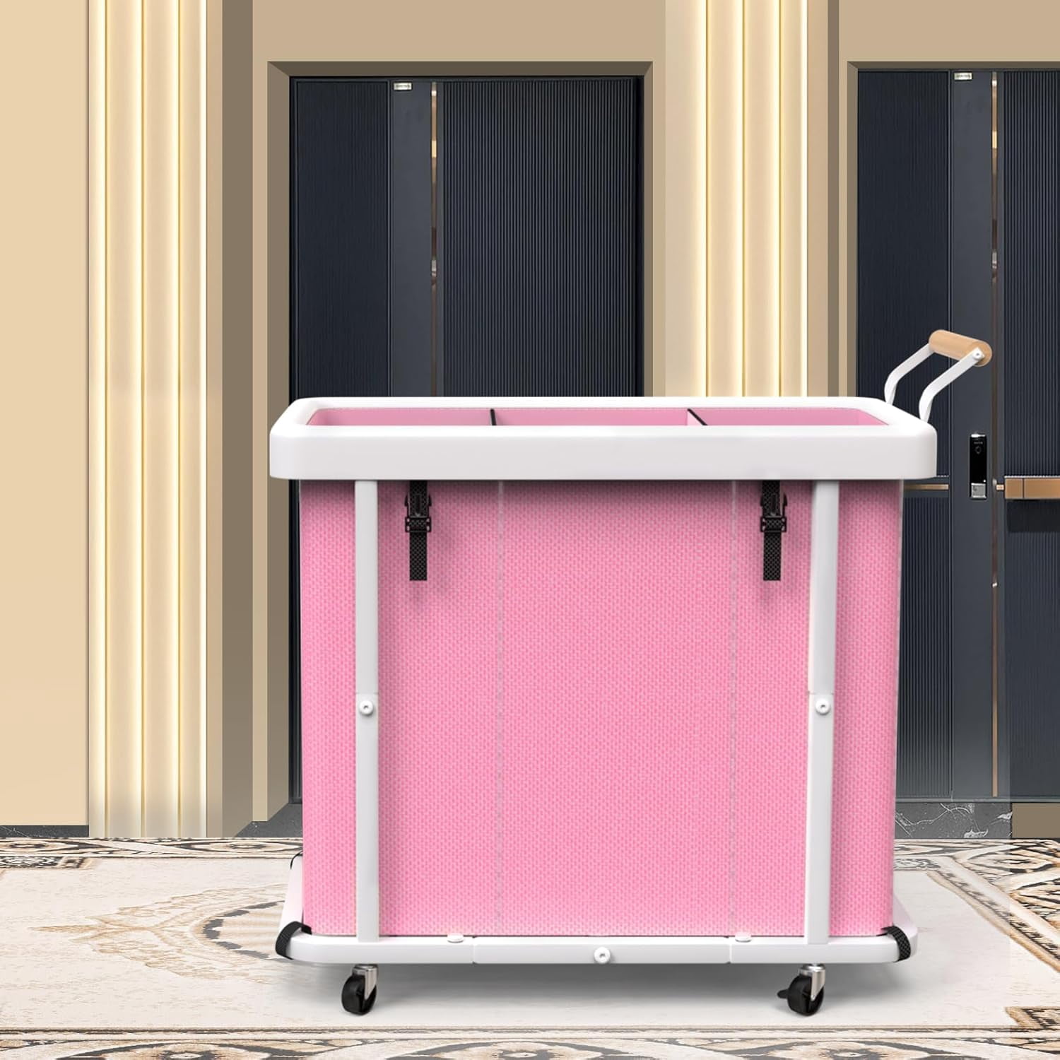 230L (60 Gal) Extra Large Fashion Laundry Sorter 3 Section with Lid, Rolling Laundry Basket Hamper with Handle, Laundry Organizer Storage Cart with Sturdy Metal Frame for Laundry Room, Hotel, Pink