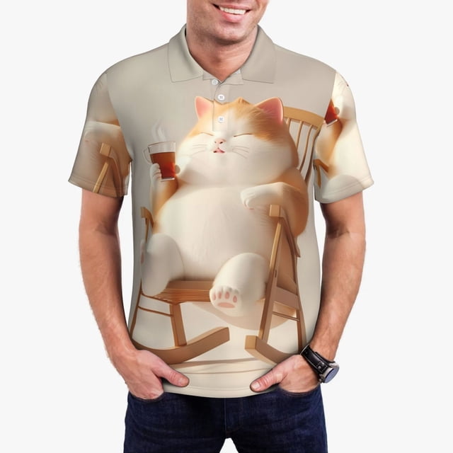 Fotbe Relaxing Cat With Tea Camiseta Polo de Golf para Hombre con Estampado – Camisa Deportiva Transpirable con Cuello Abotonado-Small