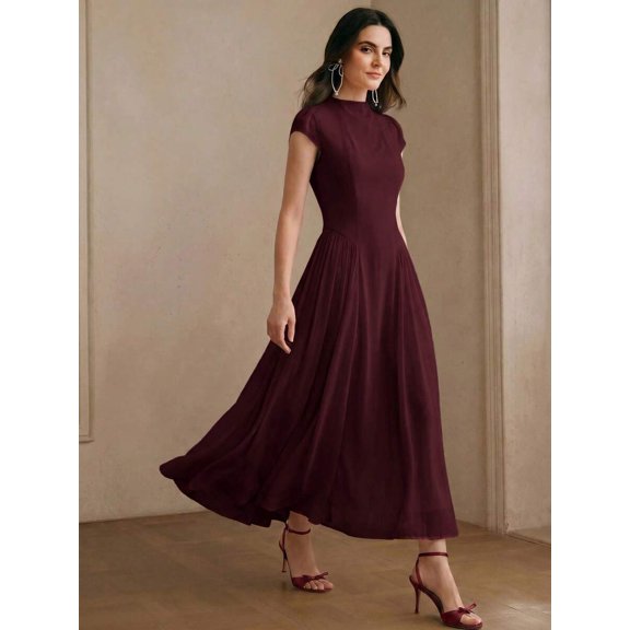 Womens Elegant Burgundy Cap Sleeve High Neck A-Line Long Pleated Maxi Dress