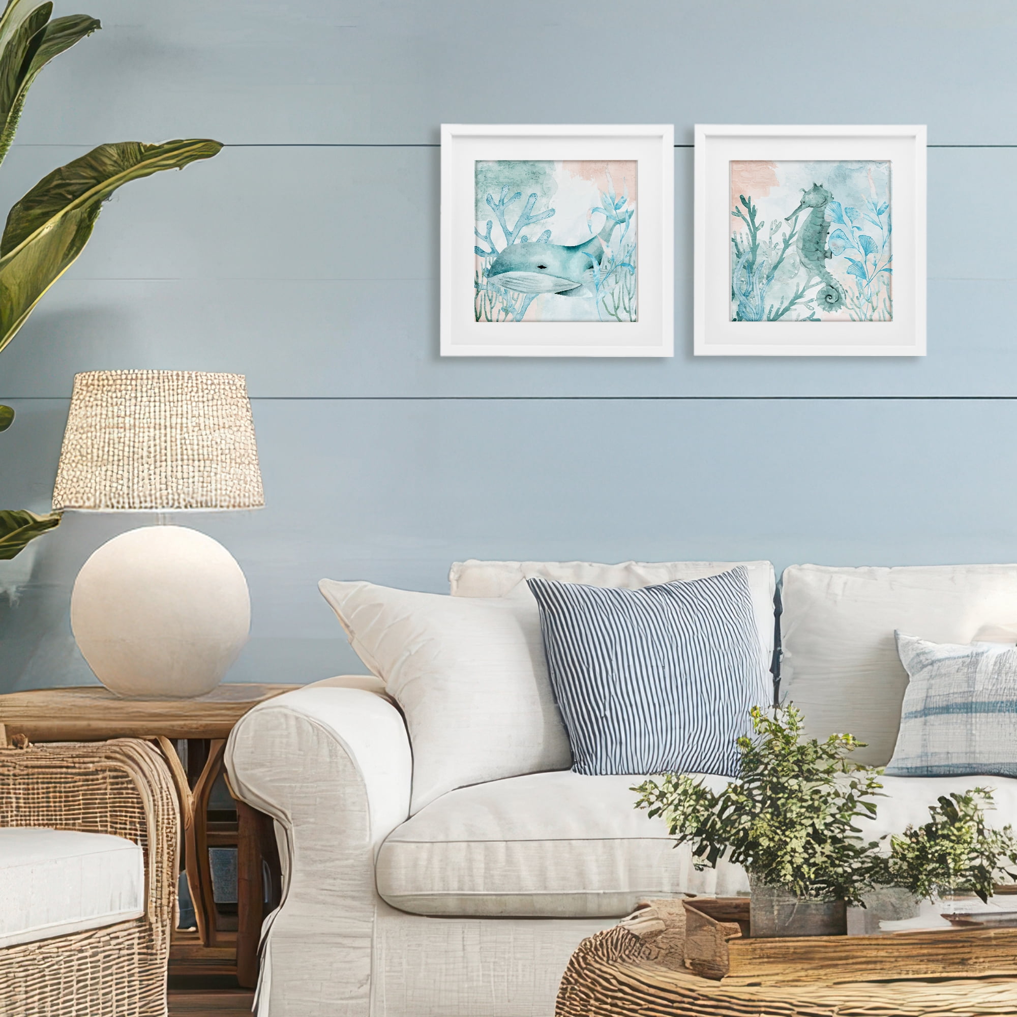 Stupell Industries Whale & Seahorse Sea Swim 2 Piece White Framed Print Under Glass Set, design by Kim Allen
