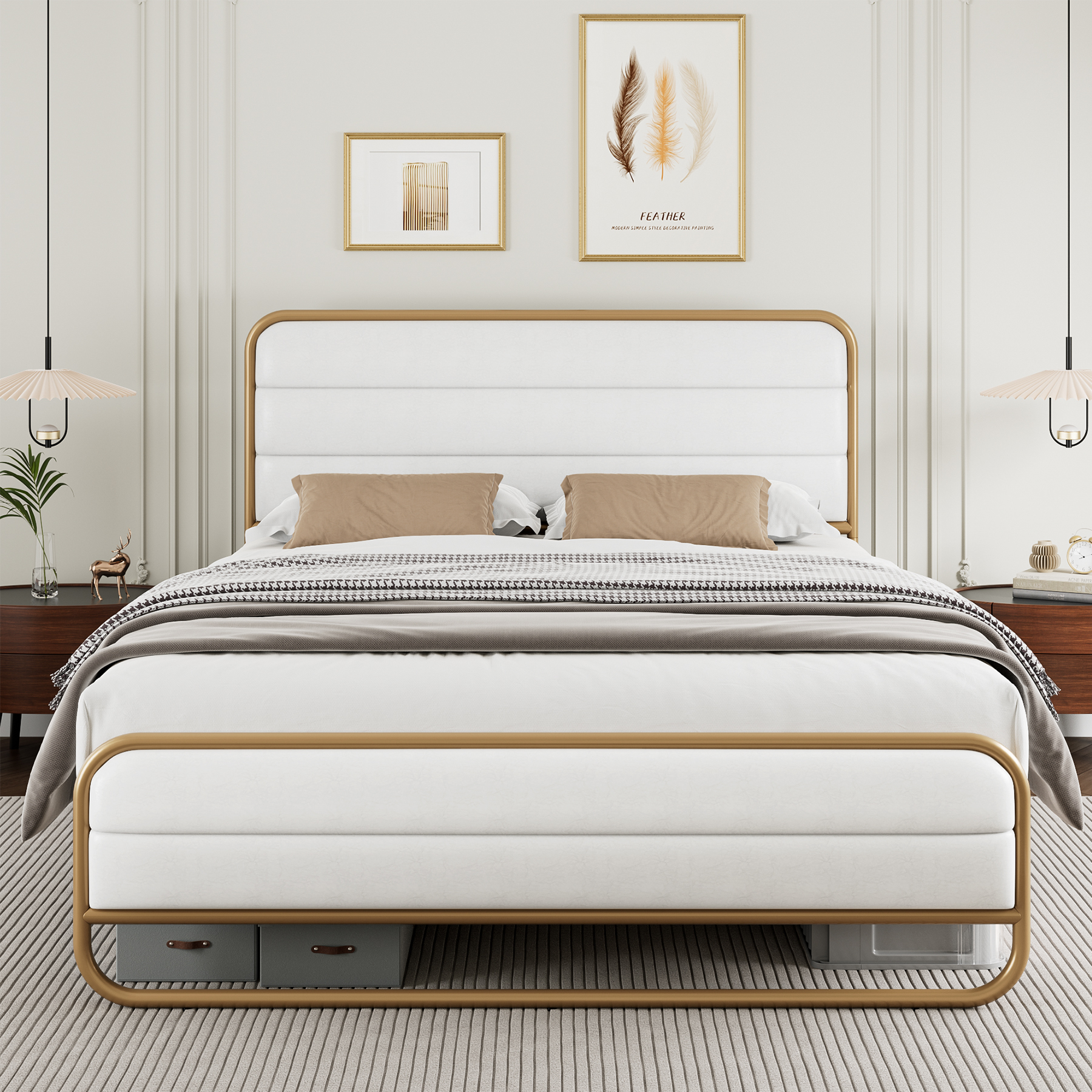 Homfa Full Size Bed Frame, Gold Metal Tubular Platform Bed with PU
