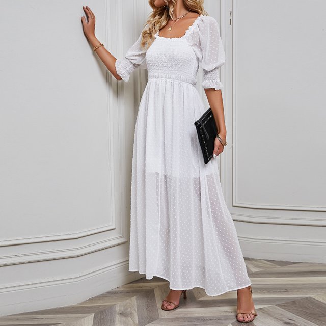 Vestido Vestido plisado ajustado con mangas abullonadas Traje diario de mujer de manga corta (Blanco M) Cgtredaw Blanco T M para Mujer