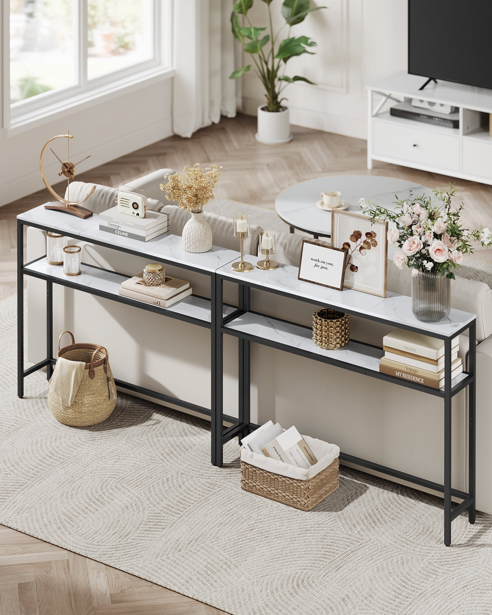 2-Tier Narrow Console Table with Marble White Top, 39.4 Inch Sofa Table for Entryway Living Room, Black Frame