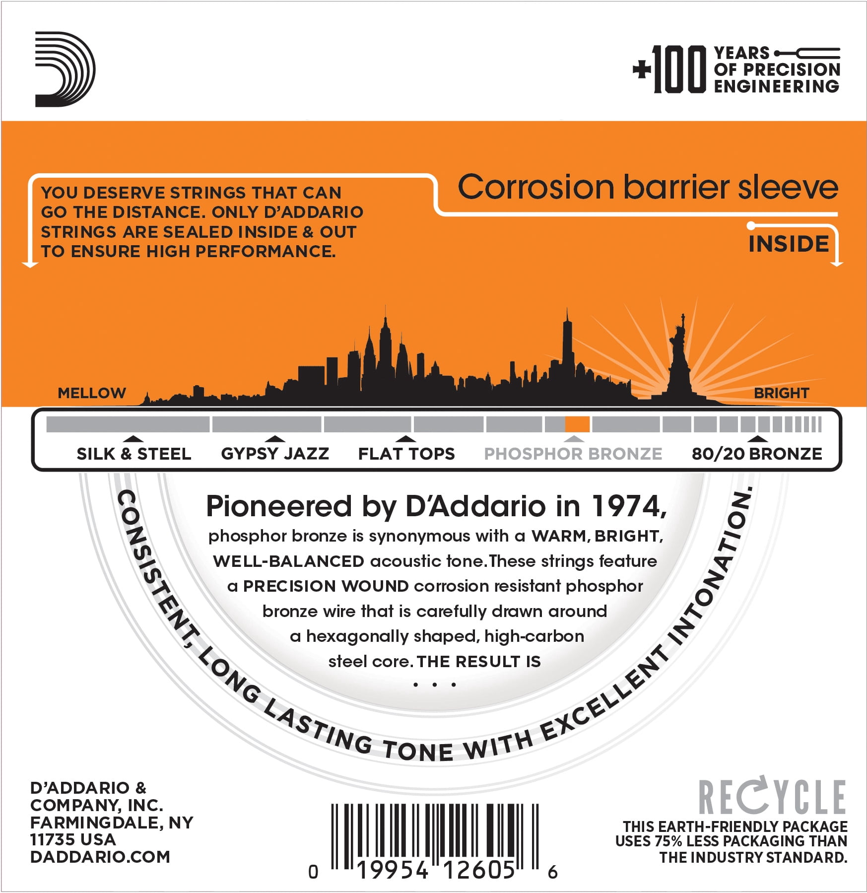 D'Addario EJ15-3D Phosphor Bronze Acoustic Guitar Strings, Extra Light, 3 Sets