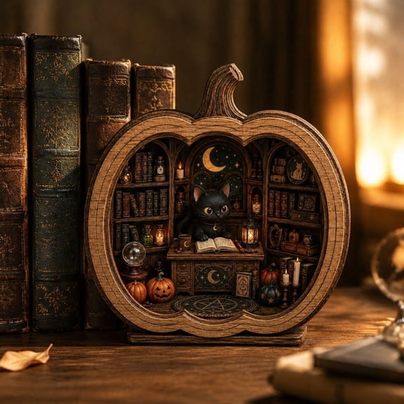 Spooky Halloween Decor, Halloween Shelf Decor, Halloween Pumpkin Decorations, Witchy Home Decor, 3D Carved Wooden Black Cat Study Room Book Nook Figurine, Decorative Accent for