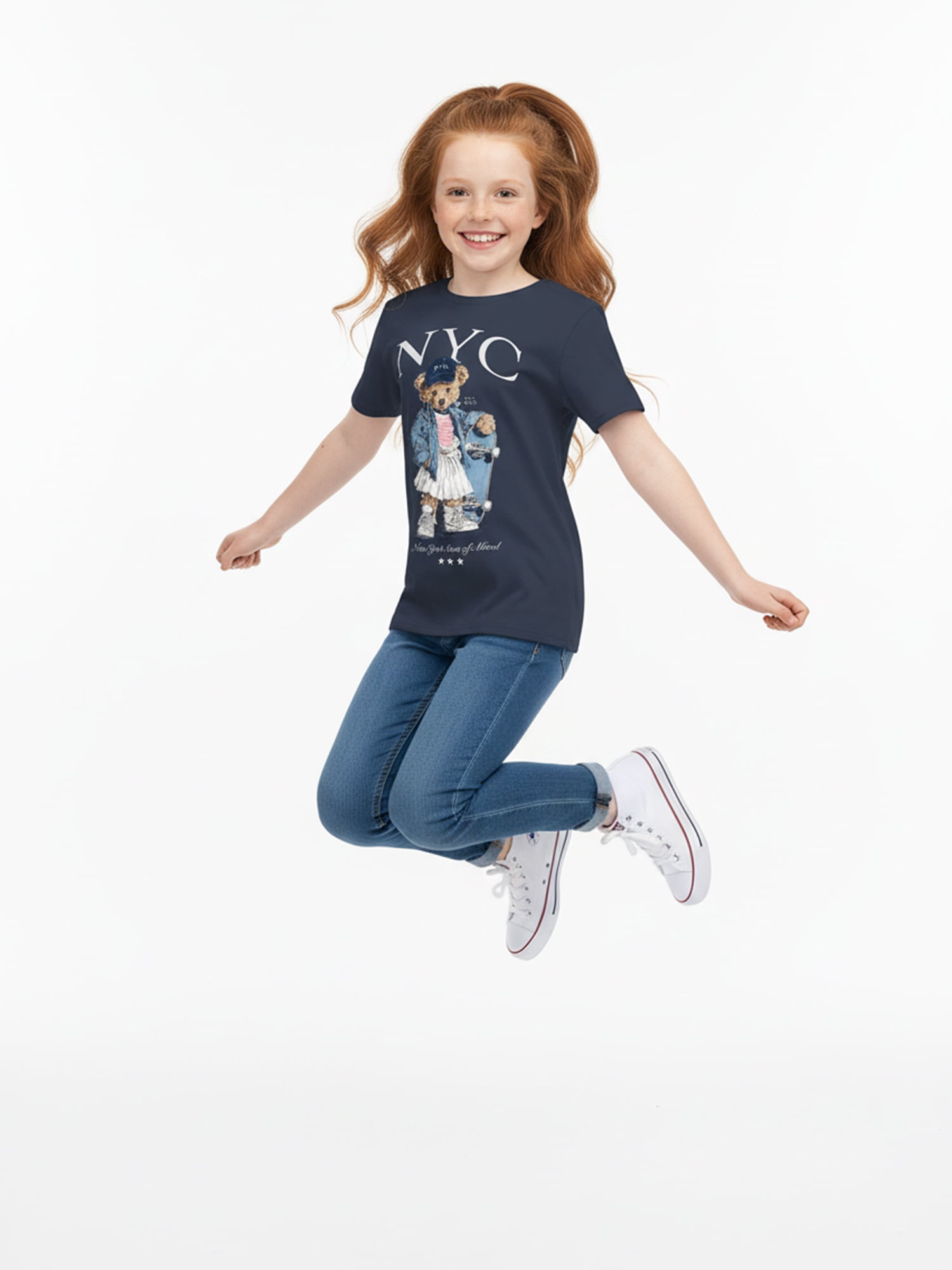 Wonder Nation Girls' Graphic Skater Bear Tee with Short Sleeves, Sizes 4-18