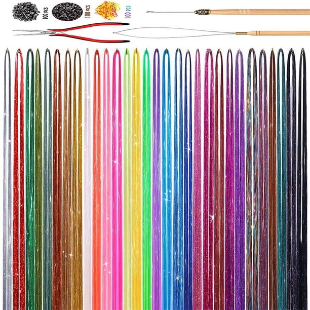 Zhuge Kit de extensiones de cabello con purpurina de 48 pulgadas, 30 colores, con herramientas, accesorios para cabello de hadas resistentes al calor para mujeres, niñas y niños