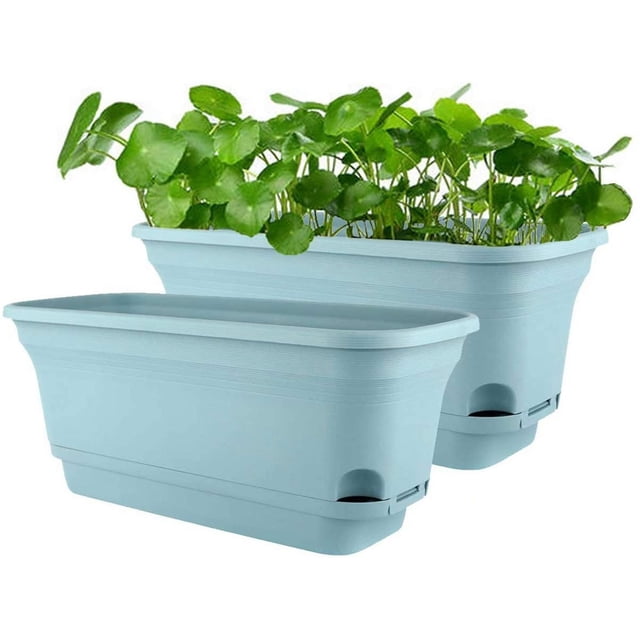 Macetas rectangulares de plástico con riego automático de 40 cm, maceta decorativa moderna para todas las plantas, flores, hierbas, azul, juego de 2