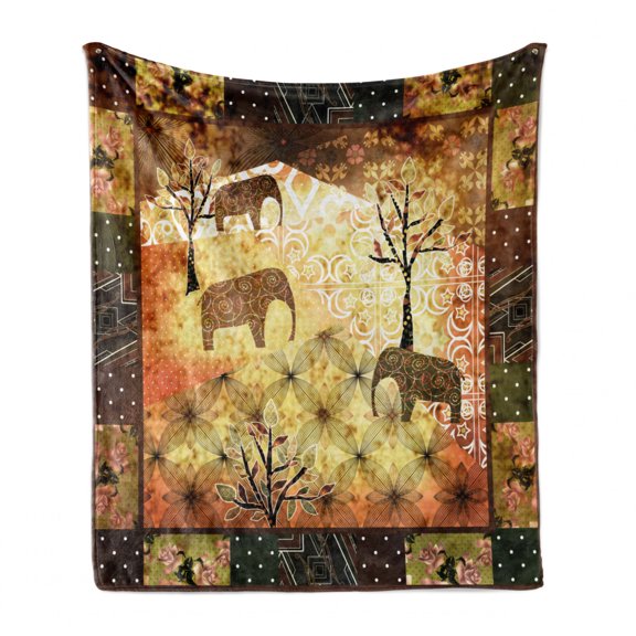 African Soft Flannel Fleece Throw Blanket, Patchwork Inspired Pattern Grunge Vintage Featured Elephants Trees Roses Print, Cozy Plush for Indoor and Outdoor Use, 70" x 90", Multicolor, by Ambesonne