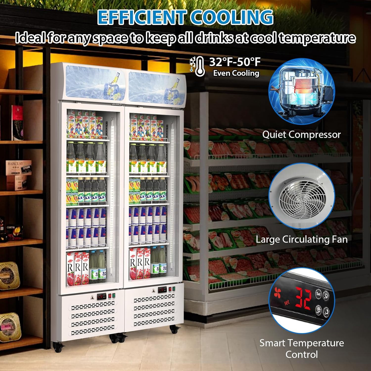 PULLAFUN 11.5 Cu.Ft. Commercial Display Fridge for Beverages, Display Refrigerator Drink Cooler Case Fridge With Led Light for Shop, Restaurant, Apartment, Adjustable Shelves, White