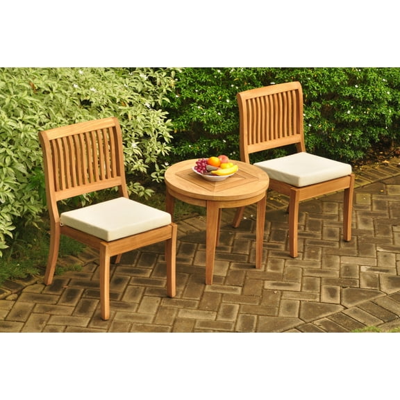 Teak Dining Set: 2 Seater 3 Pc: 23.5" Noida Round Side Table & 2 Arbor Stacking Armless Chairs Outdoor Patio Grade-A Teak Wood WholesaleTeak #WMDSAB49