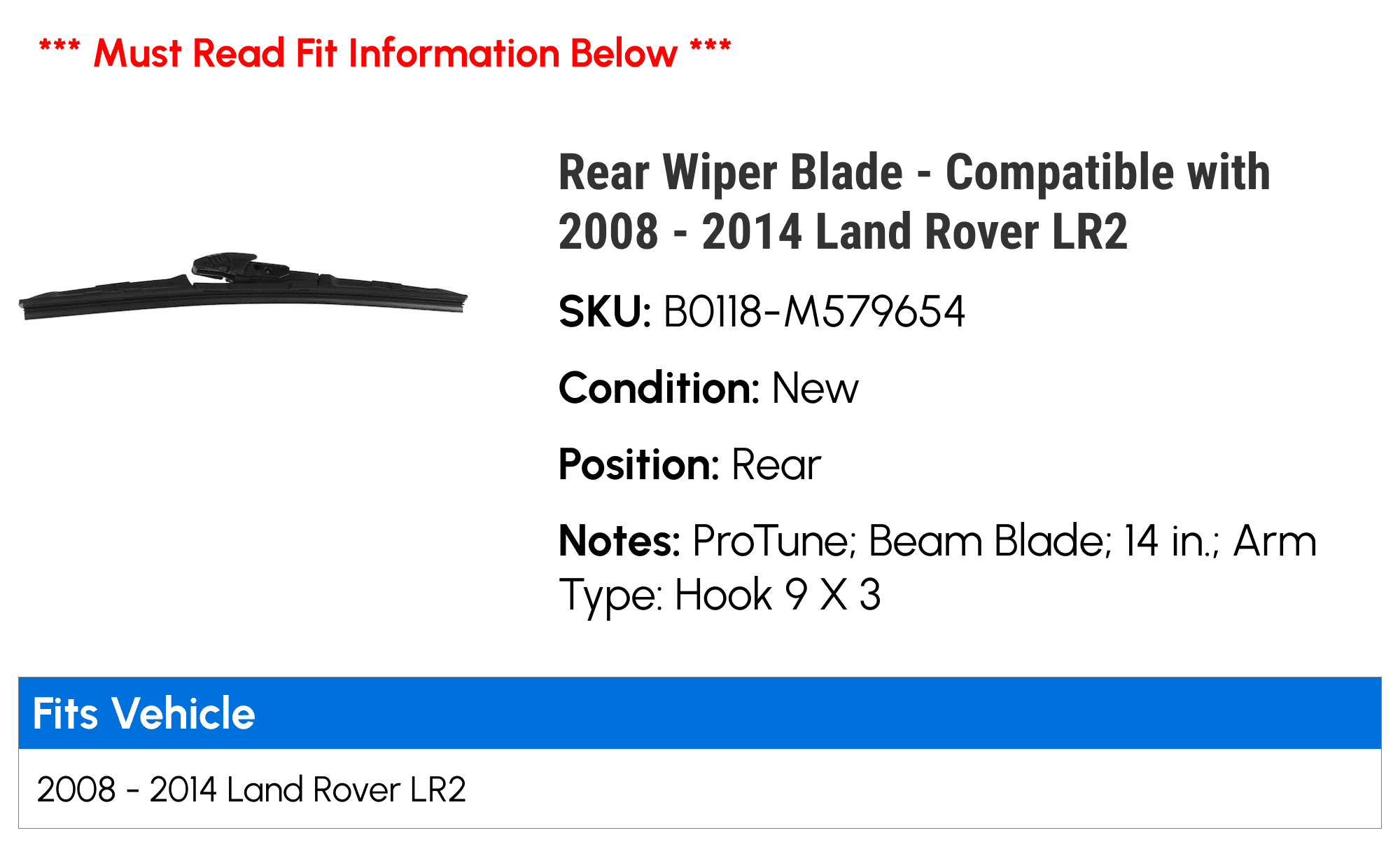 Rear Wiper Blade - Compatible with 2008 - 2014 Land Rover LR2 2009 2010 2011 2012 2013