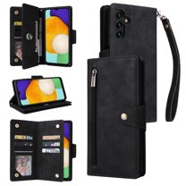 Feishell for Samsung Galaxy A13 5G Wallet Case with Wrist Strap,Premium PU Leather Zipper Pocket Magnetic Buckle Folio Flip ID Credit Card Slots Shockproof Kickstand Phone Case for Women Men,Black