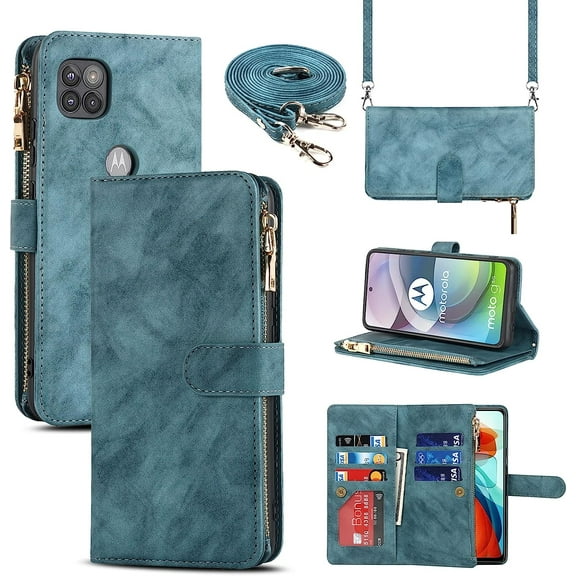 Fit for Motorola Moto G 5G 2020/One 5G Ace 2021/One 5G UW Ace 2021 Wallet Case,[9 Card Slots] Adjustable Crossbody Necklace Lanyard Shoulder Strap Zipper PU Leather Case 6.7 Inch,Blue