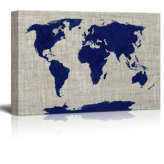 wall26 - Canvas Wll Art - Blue Worldmap on Burlap Feeling Background - Giclee Print and Stretched Gallery Wrap | Modern Home Art Ready to Hang - 24"x36"