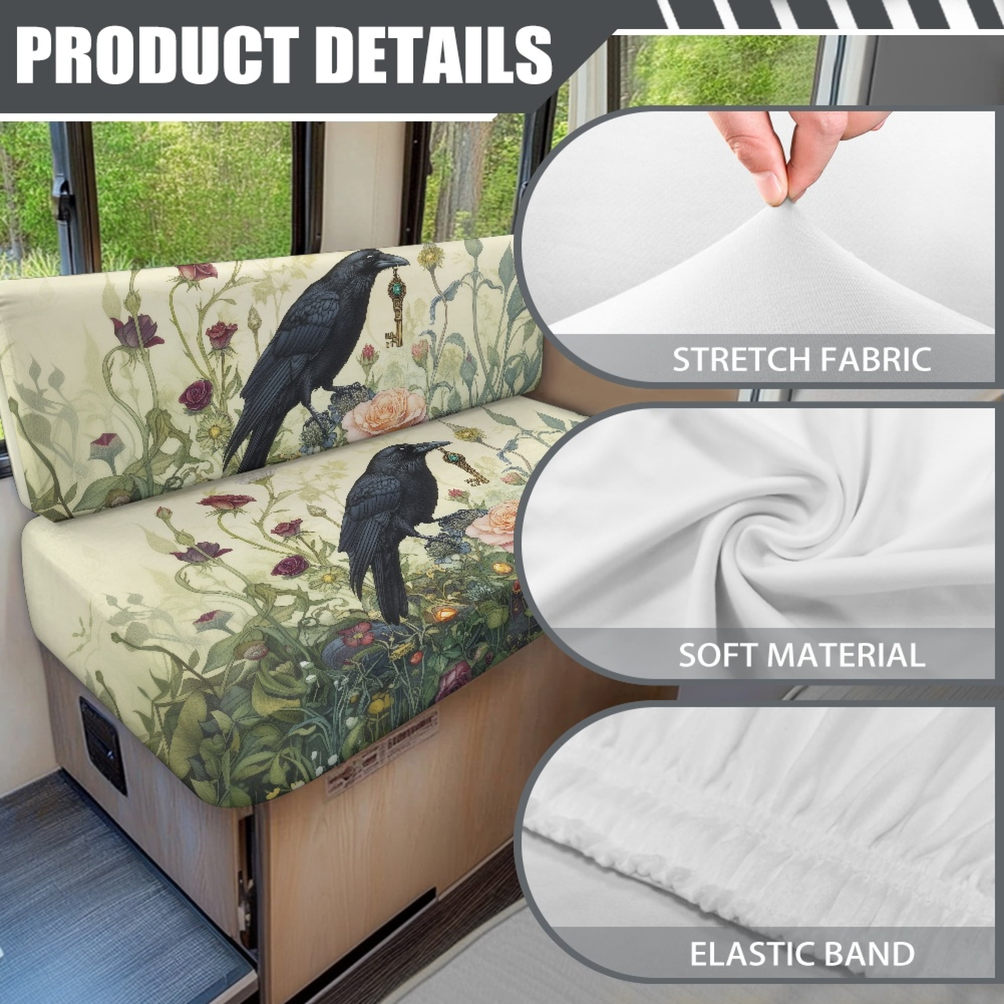 FOR U DESIGNS Raven Rose Leaf Print 2 Pcs RV Dinette Cushion Covers Scratch-resistant Camper Cushion Slipcover Stretch Sofa Furniture Protector Include1 Backrest Covers and 1 Bench Covers