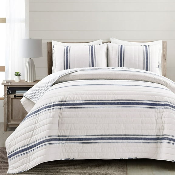 Lush Decor Farmhouse Stripe Quilt Navy 3Pc Set Cal King