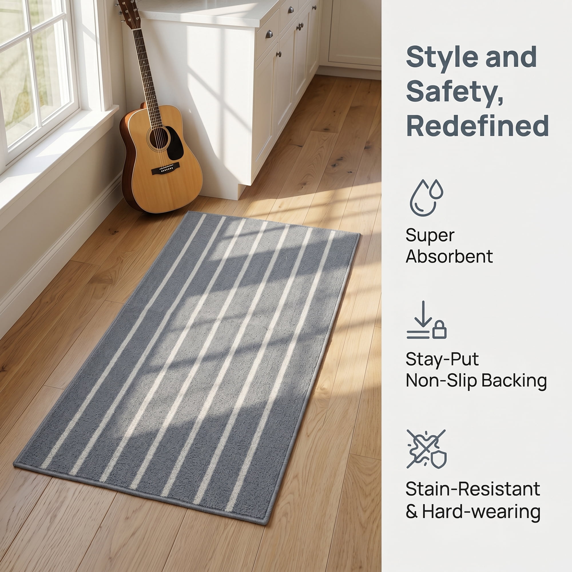 Unique Bargains Polypropylene Striped Non Slip Kitchen Runner Rug Grey 47" x 20"