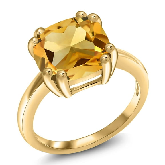 Gem Stone King 3.60 Ct Cushion Yellow Citrine 18K Yellow Gold Plated Silver Double Prong Ring