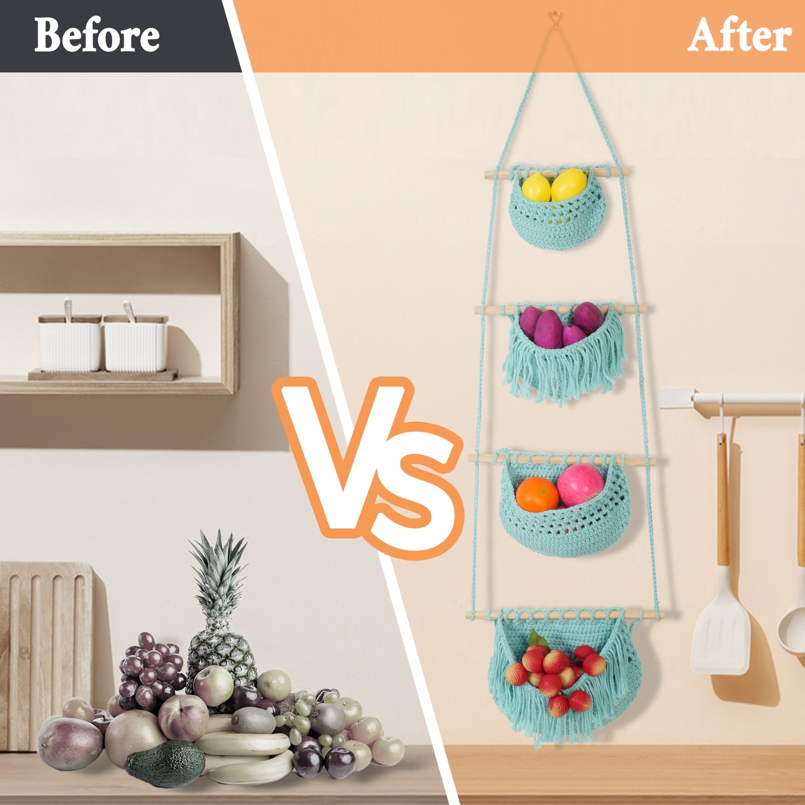 4 Tier Hanging Fruit Basket, Aqua Boho Handwoven Cotton Rope Macrame Fruit Storage for Kitchen Bathroom Bedroom, Detachable Wall Hanging Basket Over Door Organizer for Fruit Veggie Plant Decor